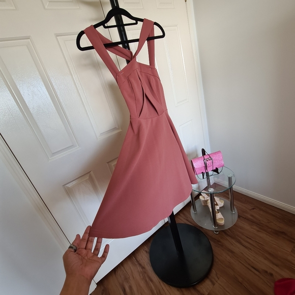 Knight Angel 8 Brown Crosses Halter Straps Flare Pleated Bodycon Maxi Midi Dress - Picture 2 of 11